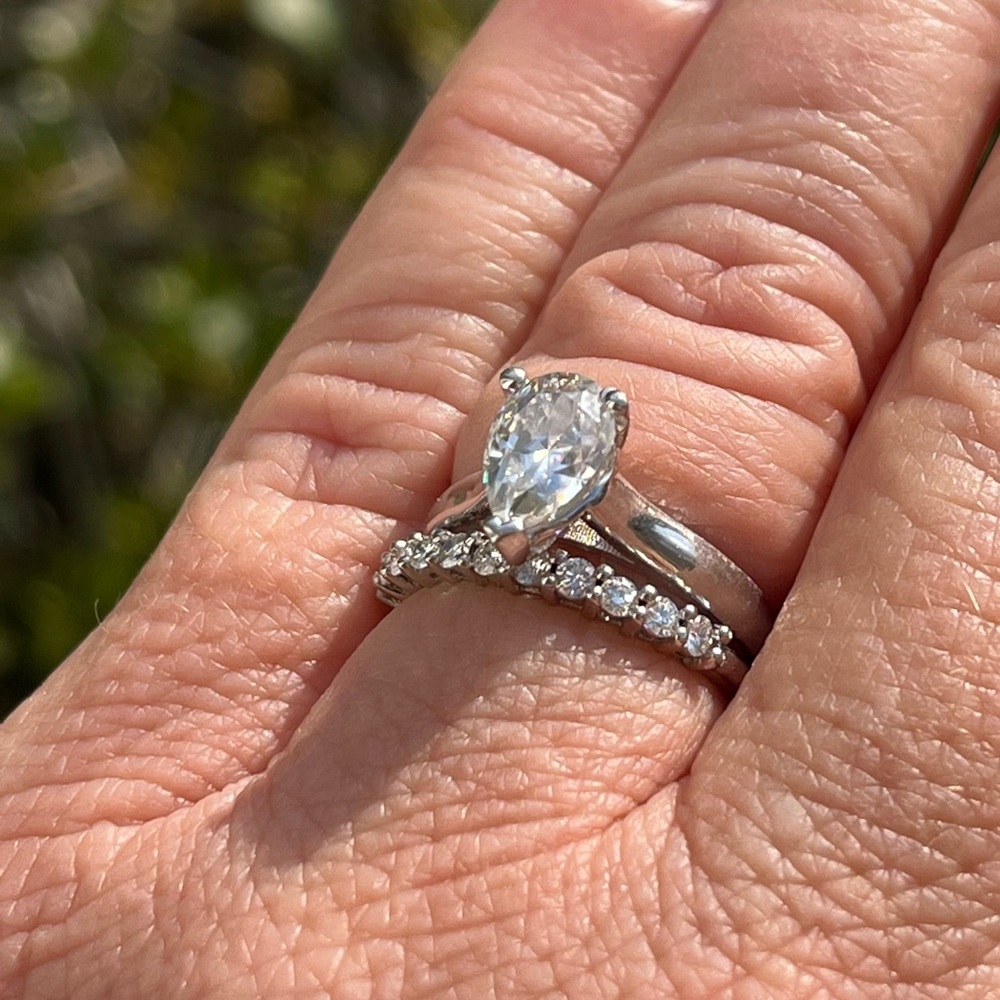 NWT 1.5 ct Pear Moissanite Charles & Colvard Forever One, 14kt WG cathedral ring